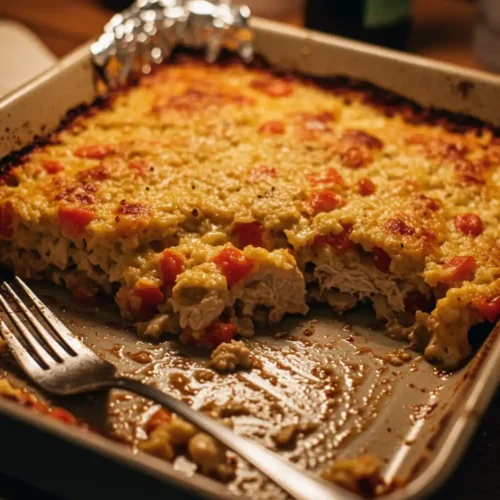 Chicken and dressing in a baking dish, with a fork and crumpled foil nearby.