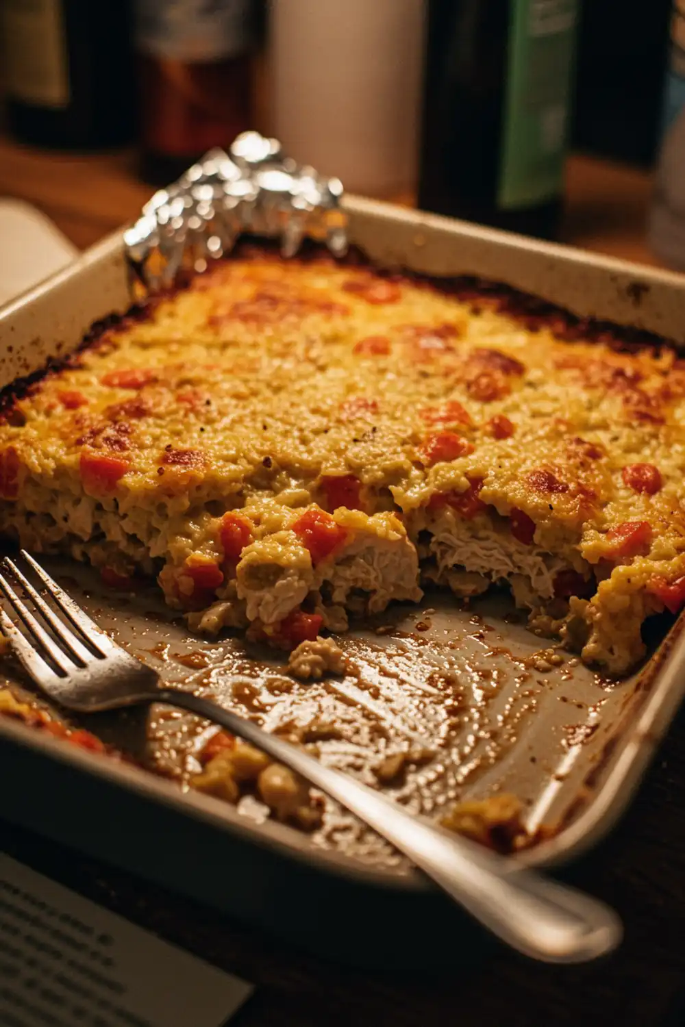 Chicken and dressing in a baking dish, with a fork and crumpled foil nearby.