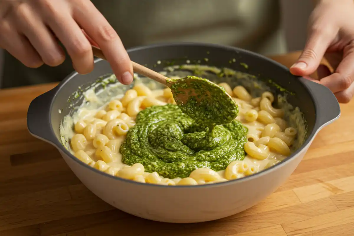 Stirring pesto into mac and cheese: an easy way to illustrate "What to add to macaroni and cheese to make it taste better?", showing a quick flavor boost.