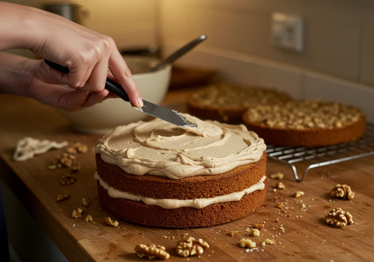 A hand frosting a Coffee and Walnut Cake with coffee buttercream.