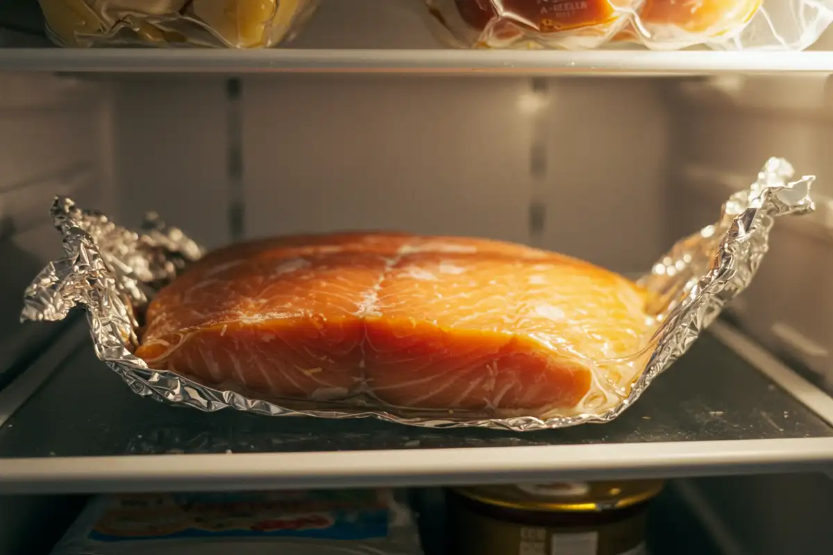 A relaxed, home-style shot of smoked salmon thawing in the fridge.