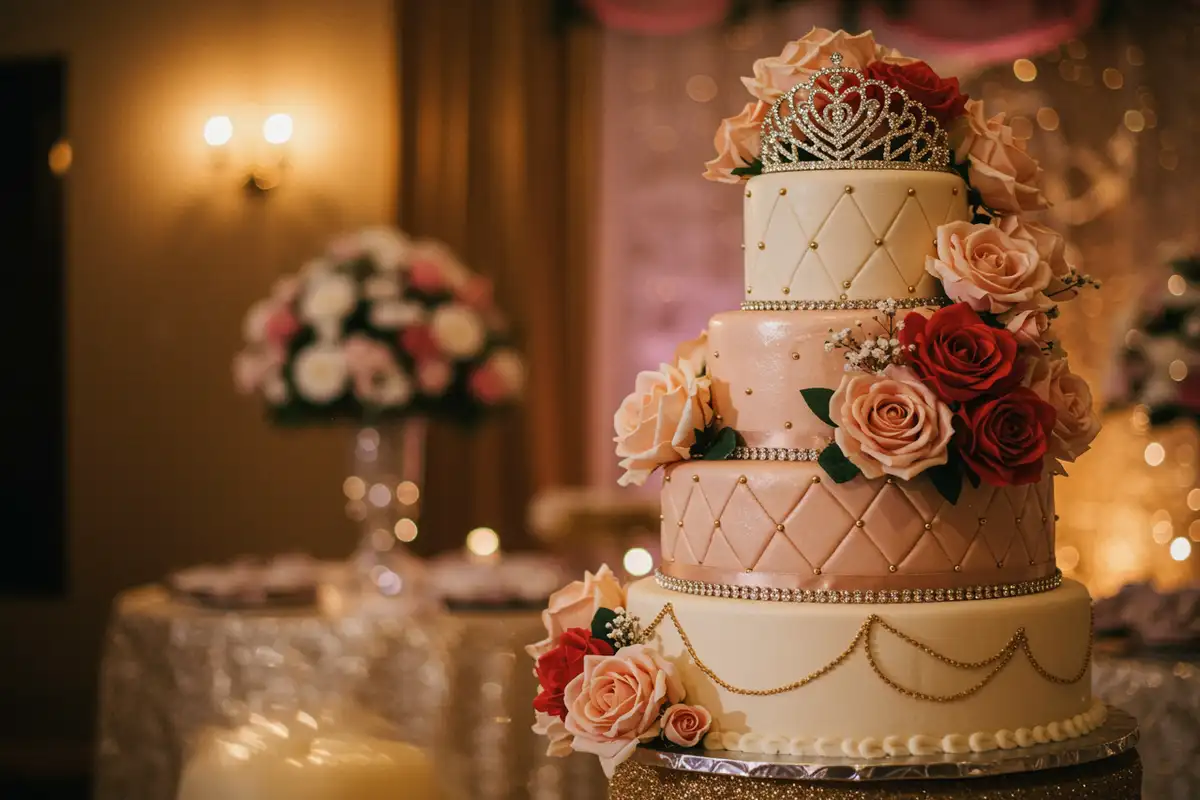 A multi-tiered Quinceanera cake adorned with flowers and a tiara is set against a festive backdrop.