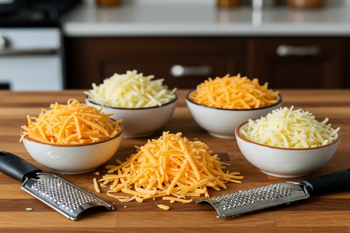 Tini's cheese blend: Sharp cheddar, Gruyere, and Monterey Jack - the key to her delicious mac and cheese, which shows "What cheese does Tini use