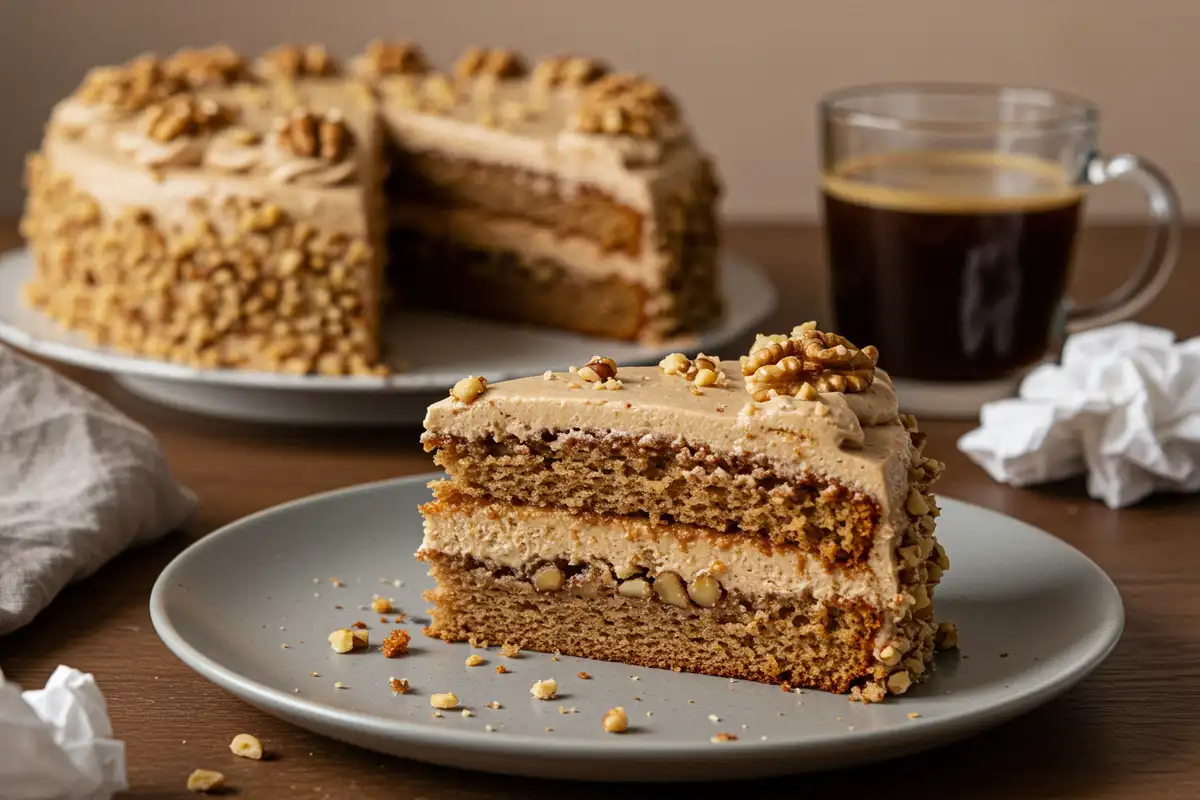 A slice of Coffee and Walnut Cake, revealing its layers and walnut decoration.