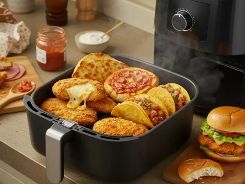 Close-up of a cluttered kitchen counter with an air fryer basket full of crispy chicken cordon bleu, mini tacos, Southern-style tenderloins, a French bread pizza slice, and a chicken patty on a bun, surrounded by cooking mess and warm lighting with Air Fryer Recipes