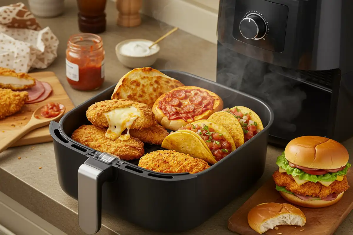 Close-up of a cluttered kitchen counter with an air fryer basket full of crispy chicken cordon bleu, mini tacos, Southern-style tenderloins, a French bread pizza slice, and a chicken patty on a bun, surrounded by cooking mess and warm lighting with Air Fryer Recipes