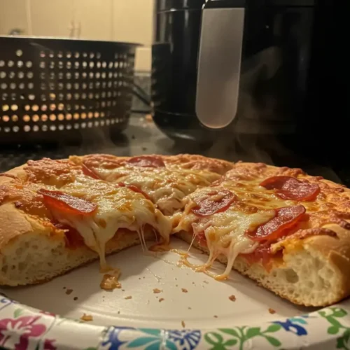 Half-eaten Red Baron French Bread Pizza on a paper plate with an air fryer in the background.