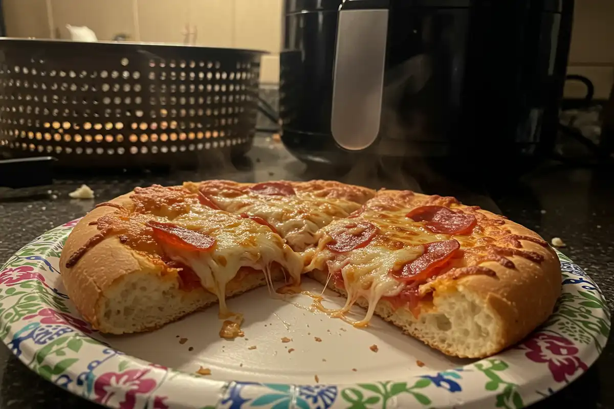 Half-eaten Red Baron French Bread Pizza on a paper plate with an air fryer in the background.