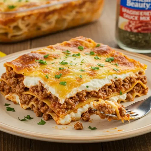 Slice of American Beauty Lasagna recipe on a plate, showcasing the layers of noodles, meat sauce, cottage cheese, and mozzarella.