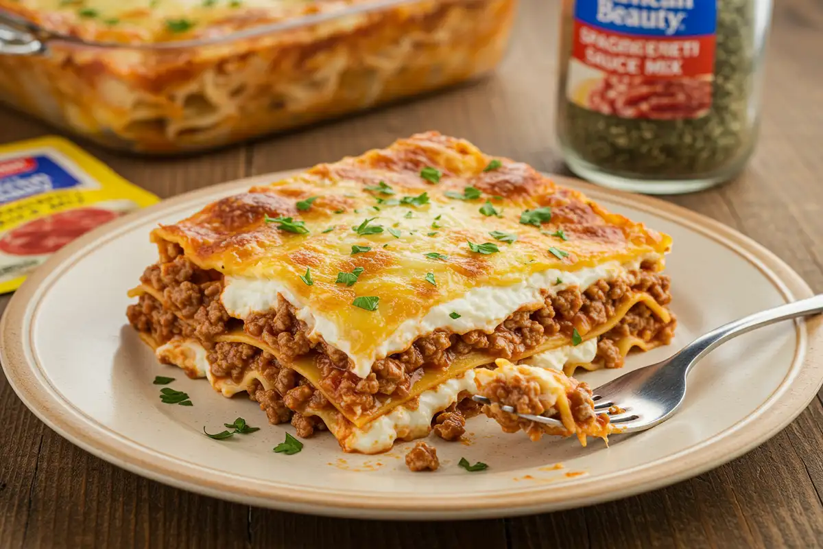 Slice of American Beauty Lasagna recipe on a plate, showcasing the layers of noodles, meat sauce, cottage cheese, and mozzarella.