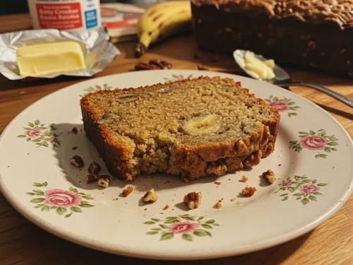 A close-up photo of a slice of homemade Betty Crocker Banana Nut Bread Recipe on a vintage plate, with baking supplies in the background.