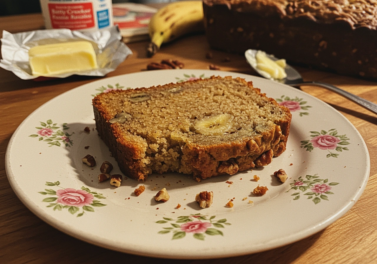 A close-up photo of a slice of homemade Betty Crocker Banana Nut Bread Recipe on a vintage plate, with baking supplies in the background.
