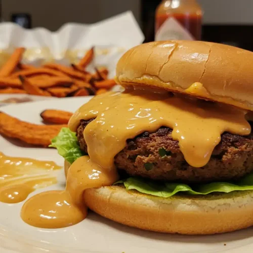 Photo of a veggie burger topped with Braums Sauce Recipe