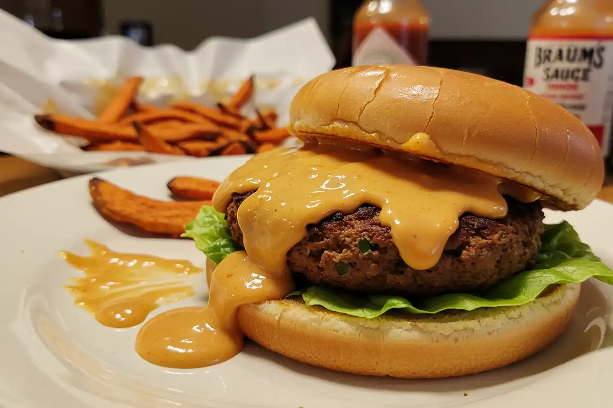 Photo of a veggie burger topped with Braums Sauce Recipe