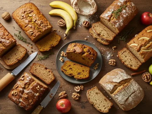 A wooden table filled with an assortment of homemade bread loaves including pumpkin, harvest, banana nut, soda bread, apple fritter, and sourdough, surrounded by baking ingredients.