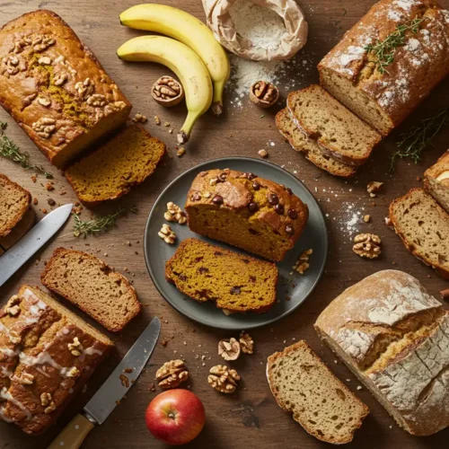 A wooden table filled with an assortment of homemade bread loaves including pumpkin, harvest, banana nut, soda bread, apple fritter, and sourdough, surrounded by baking ingredients.