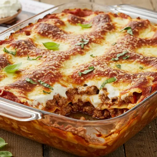 Finished Joy Behar lasagna bubbling in a baking dish with visible sauce, cheese, and fresh basil.