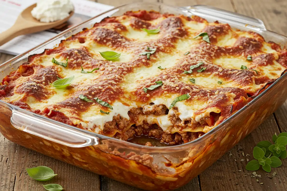 Finished Joy Behar lasagna bubbling in a baking dish with visible sauce, cheese, and fresh basil.