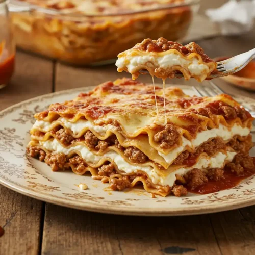 Slice of layered lasagna with visible noodles, meat sauce, and cheese filling on a plate.