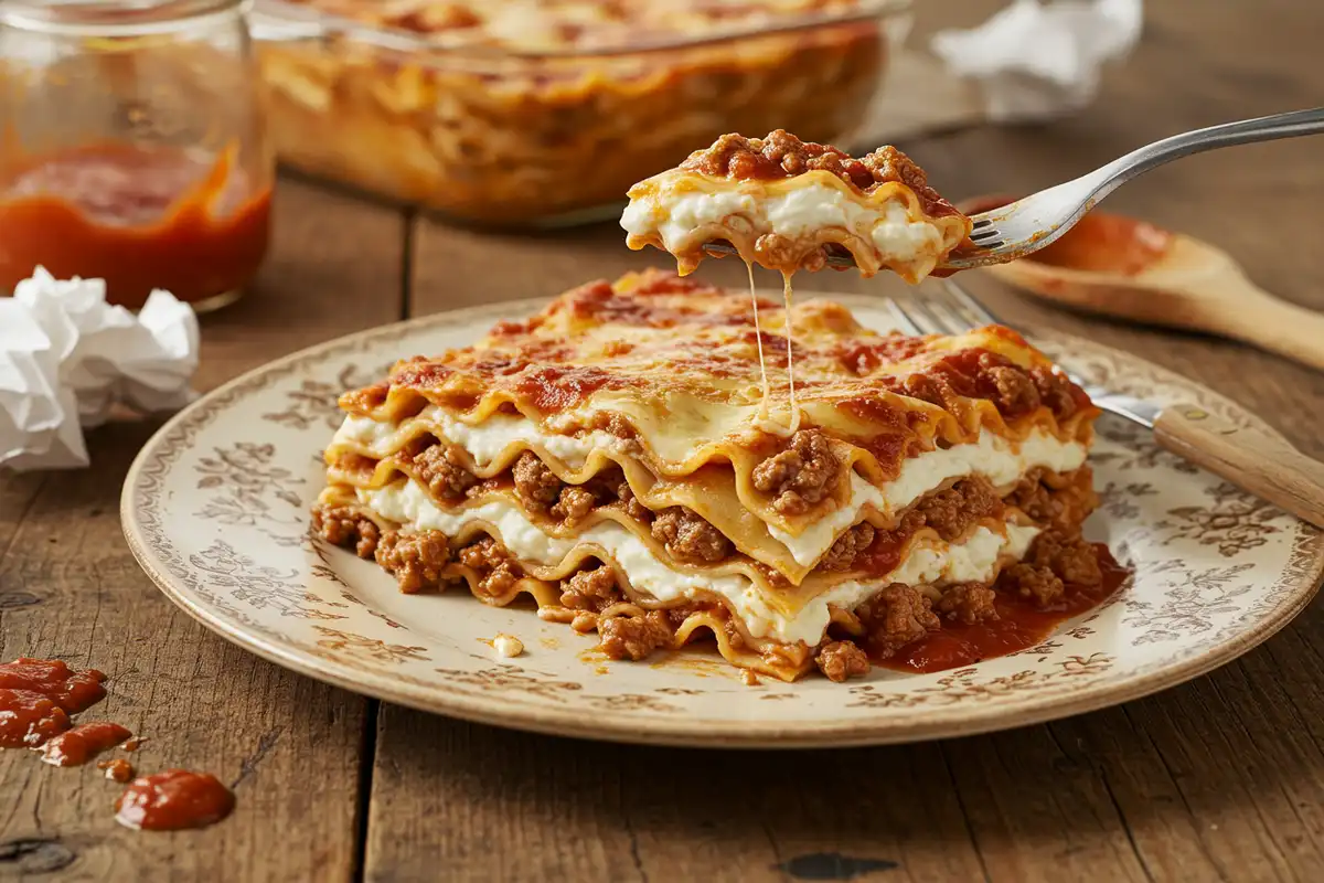 Slice of layered lasagna with visible noodles, meat sauce, and cheese filling on a plate.