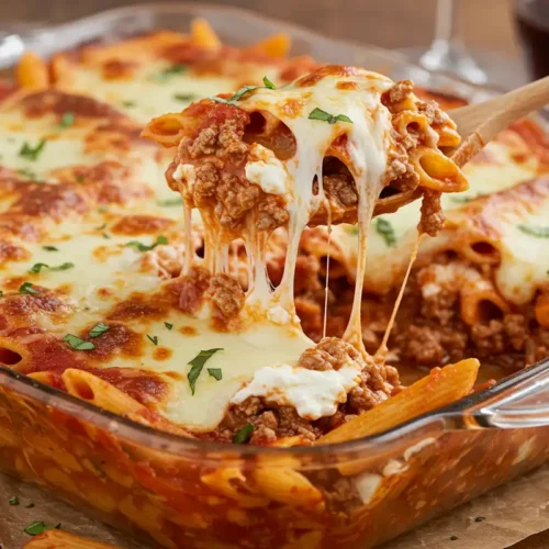Spoonful of cheesy lazy lasagna lifted from baking dish with visible sauce, pasta, beef, ricotta, and mozzarella.