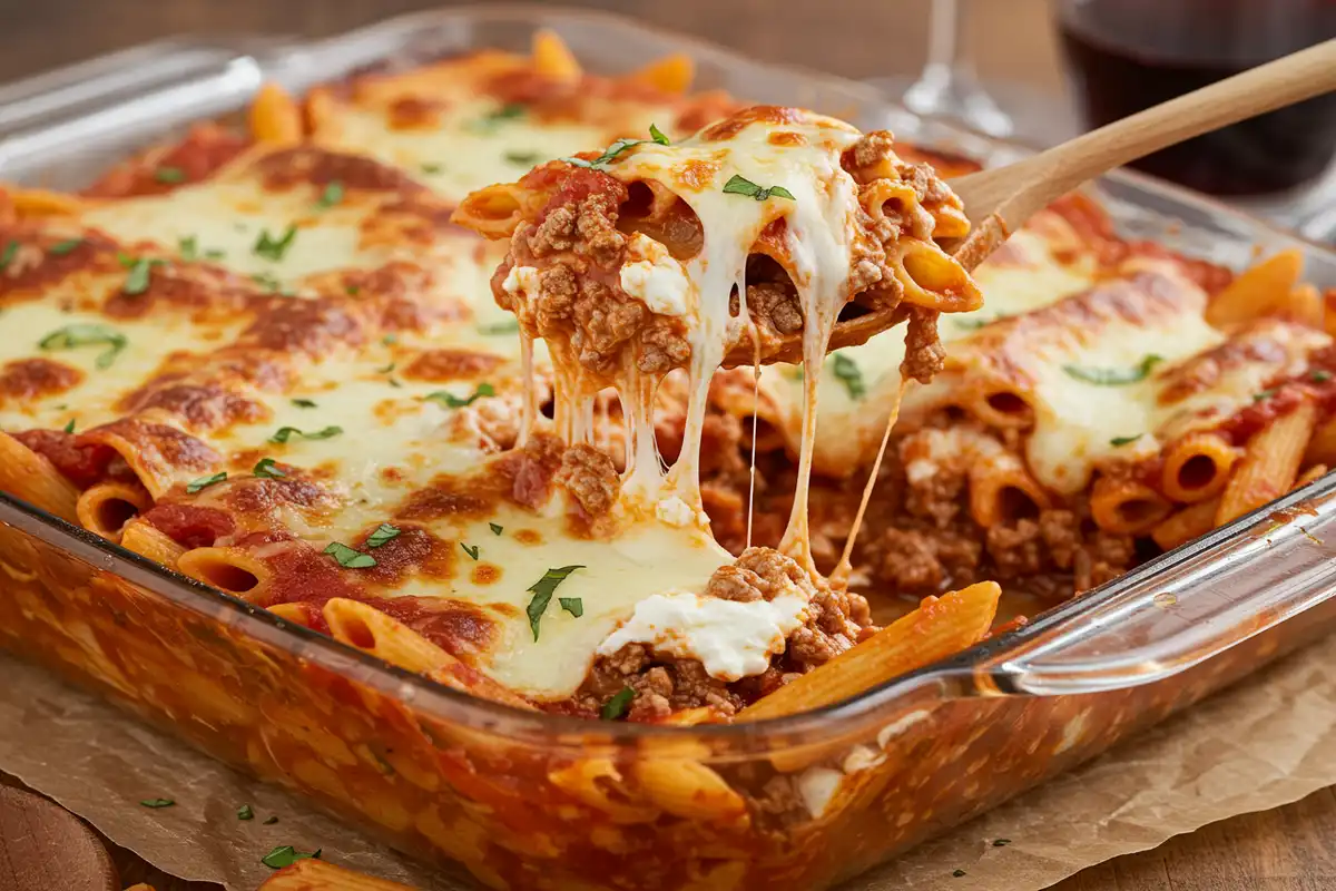 Spoonful of cheesy lazy lasagna lifted from baking dish with visible sauce, pasta, beef, ricotta, and mozzarella.