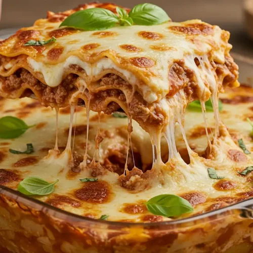 Lasagna slice being pulled from a dish.