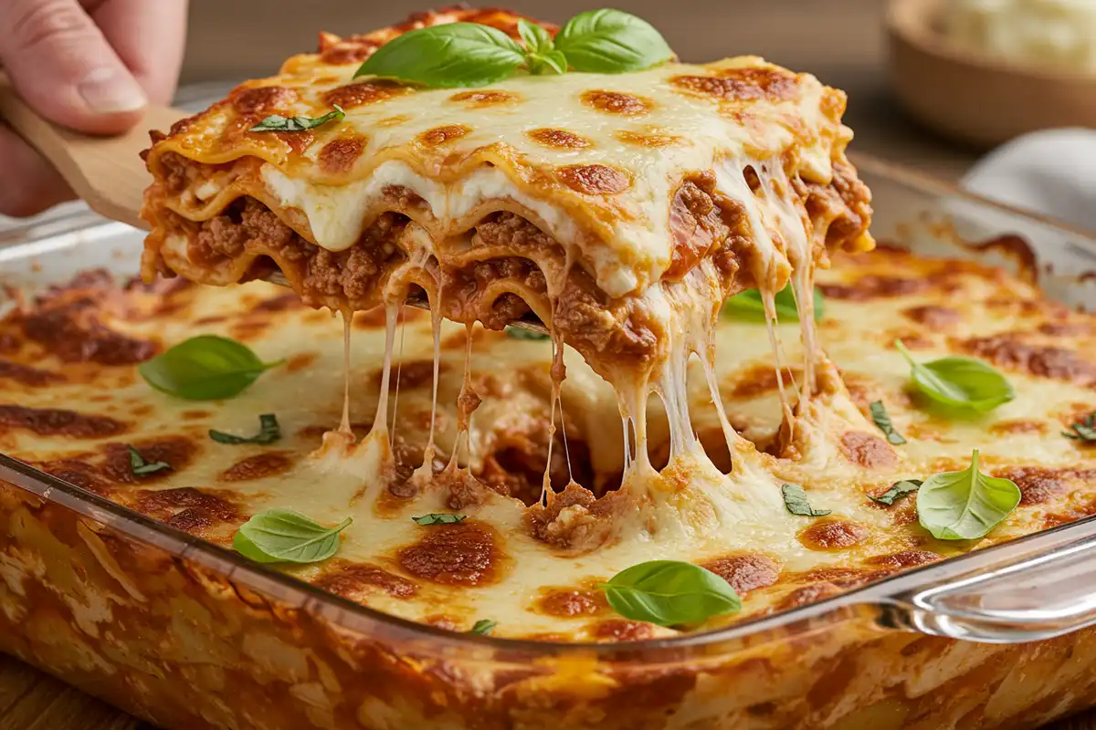 Lasagna slice being pulled from a dish.