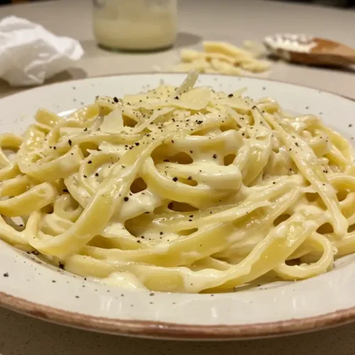 Close-up of fettuccine with Alfredo sauce, Parmesan, and black pepper on a white plate, with a messy kitchen background.