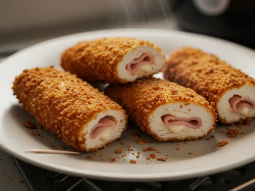 Crispy Air Fryer Chicken Cordon Bleu on a plate with visible imperfections and used toothpicks nearby.