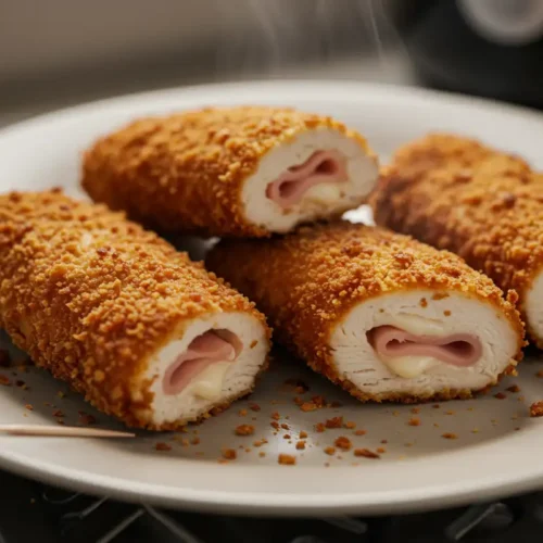Crispy Air Fryer Chicken Cordon Bleu on a plate with visible imperfections and used toothpicks nearby.