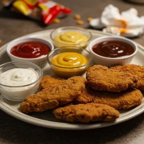 Air-fried Tyson Chicken Tenderloins with an assortment of dipping sauces and a crumpled napkin.