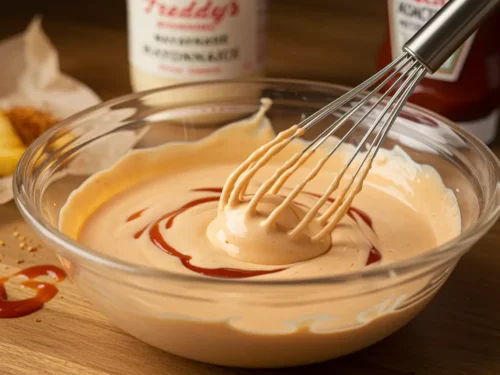 A photo of Freddy's fry sauce being stirred in a glass bowl, with mayonnaise, ketchup, and crumpled parchment paper in the background, in a messy kitchen setting.