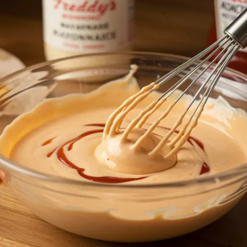 A photo of Freddy's fry sauce being stirred in a glass bowl, with mayonnaise, ketchup, and crumpled parchment paper in the background, in a messy kitchen setting.