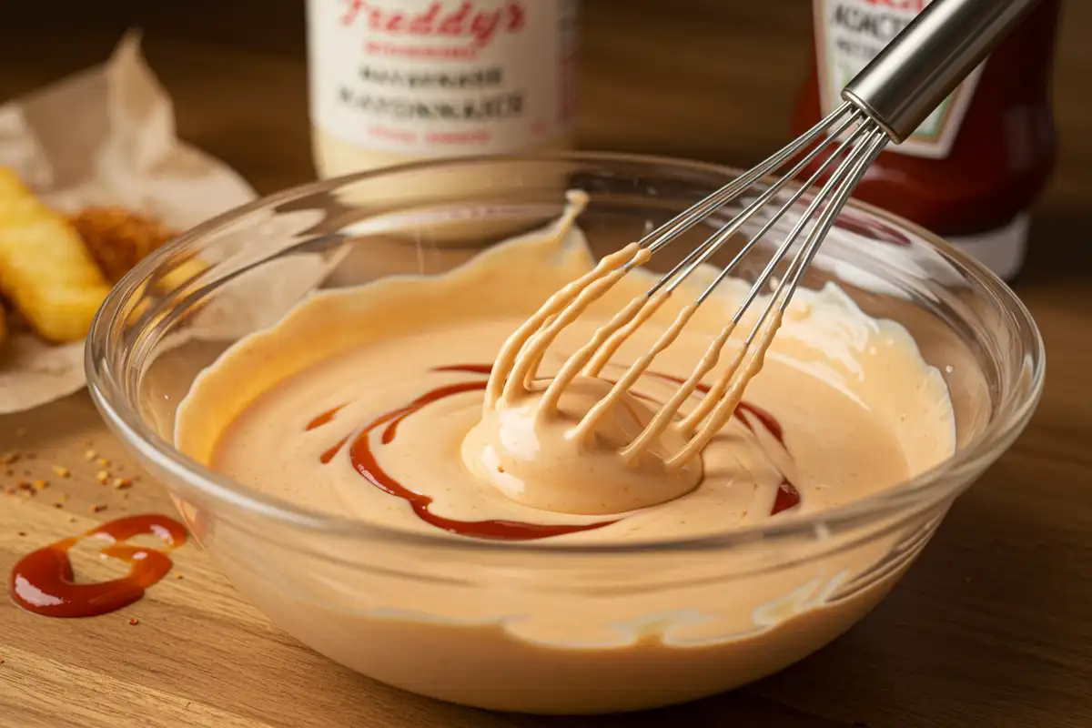 A photo of Freddy's fry sauce being stirred in a glass bowl, with mayonnaise, ketchup, and crumpled parchment paper in the background, in a messy kitchen setting.