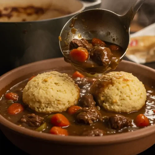 Ladle scooping hearty beef stew with suet dumplings into a bowl in a rustic kitchen.