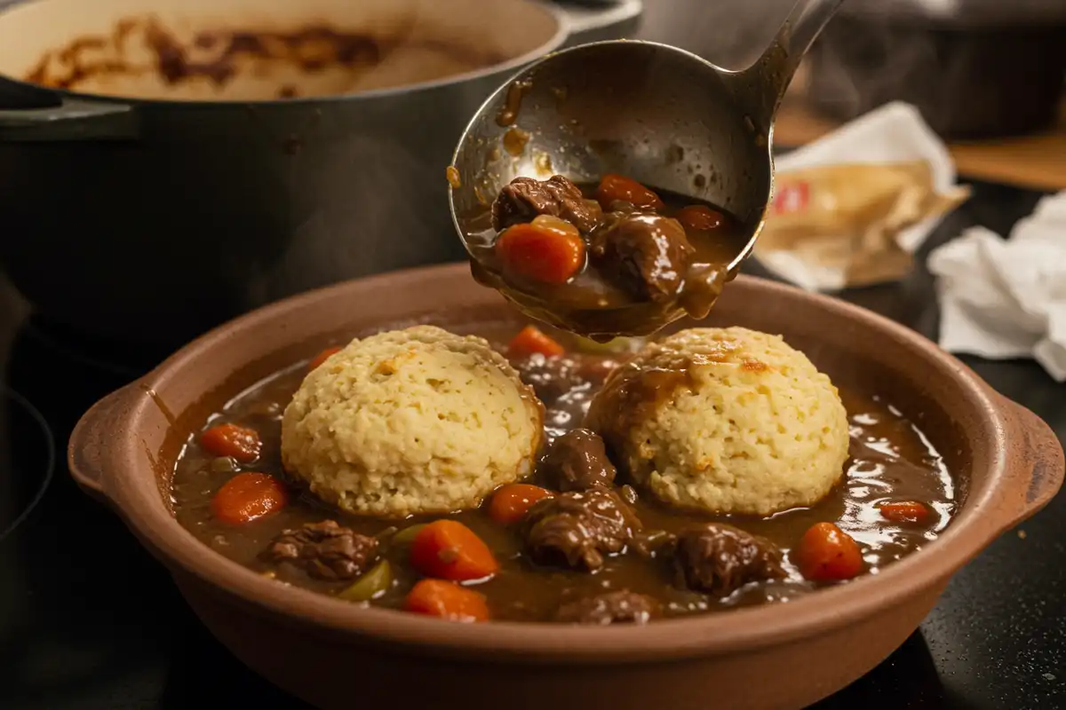 Ladle scooping hearty beef stew with suet dumplings into a bowl in a rustic kitchen.