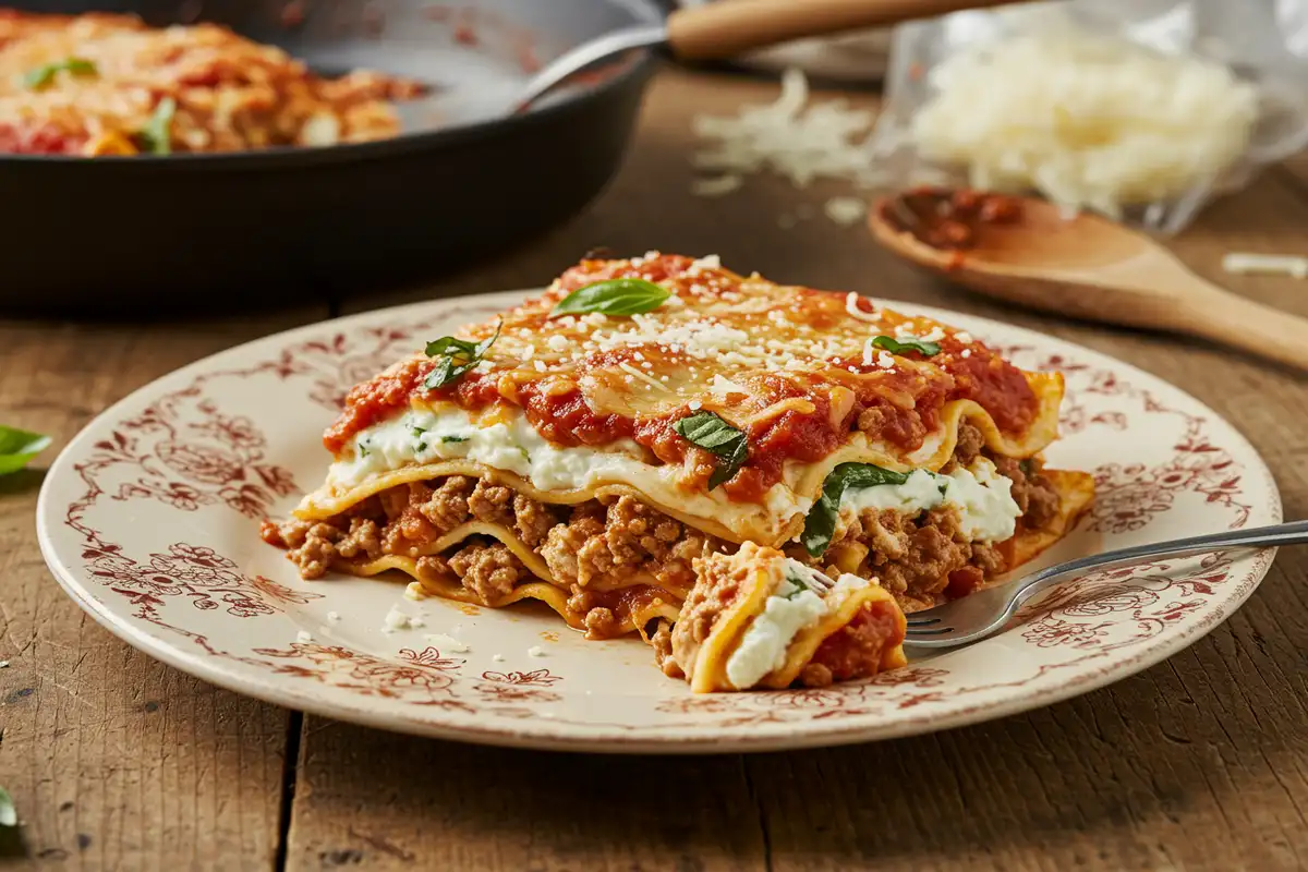 Sliced tortilla lasagna oozing with cheese, showing layers of meat and sauce, ready to eat.