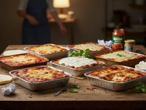 Six different Lasagna Recipes lined up, showing the variety of ingredients and styles.