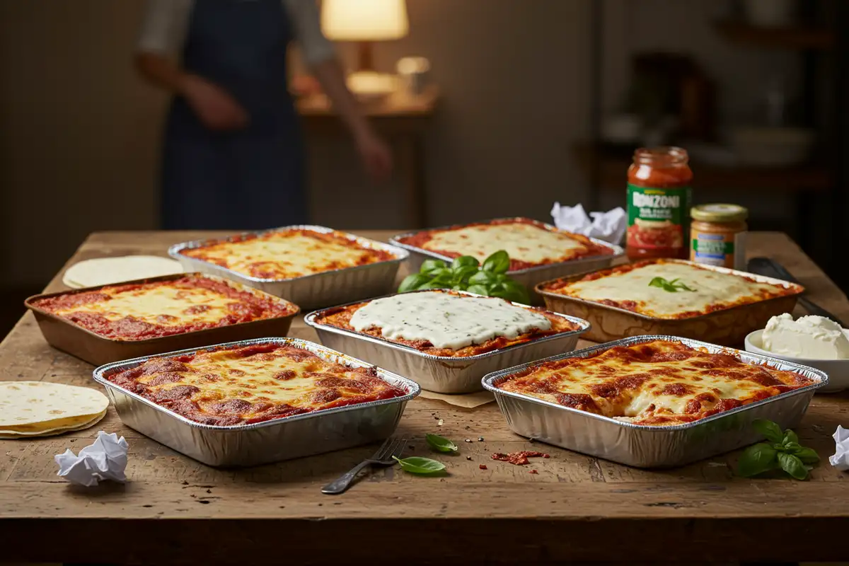 Six different Lasagna Recipes lined up, showing the variety of ingredients and styles.