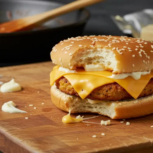 Close-up of a messy chicken patty sandwich with melted cheese on a wooden cutting board in a cluttered kitchen.