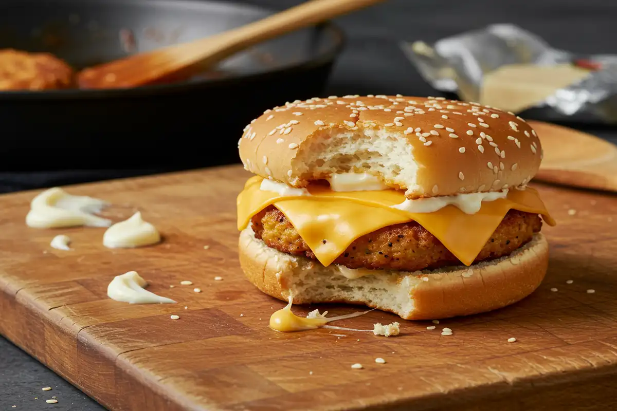 Close-up of a messy chicken patty sandwich with melted cheese on a wooden cutting board in a cluttered kitchen.
