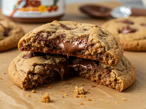 Broken Nutella stuffed cookie with melted Nutella oozing out.