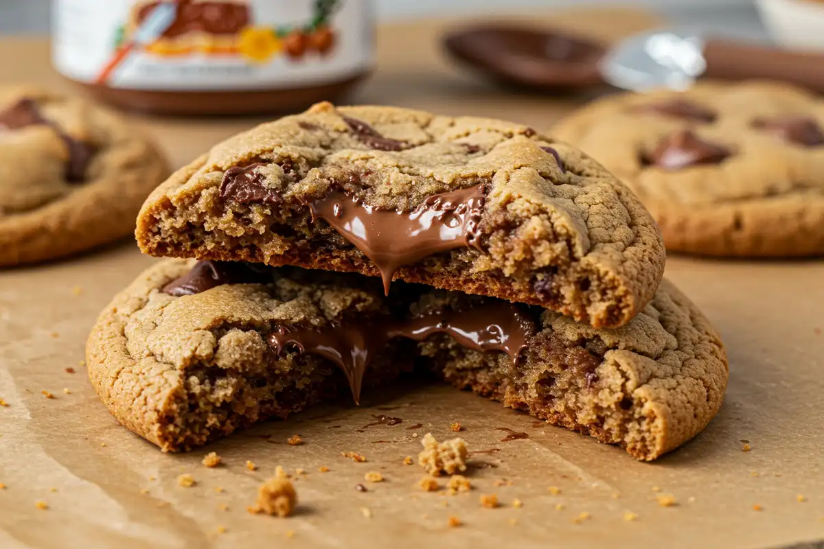 Broken Nutella stuffed cookie with melted Nutella oozing out.