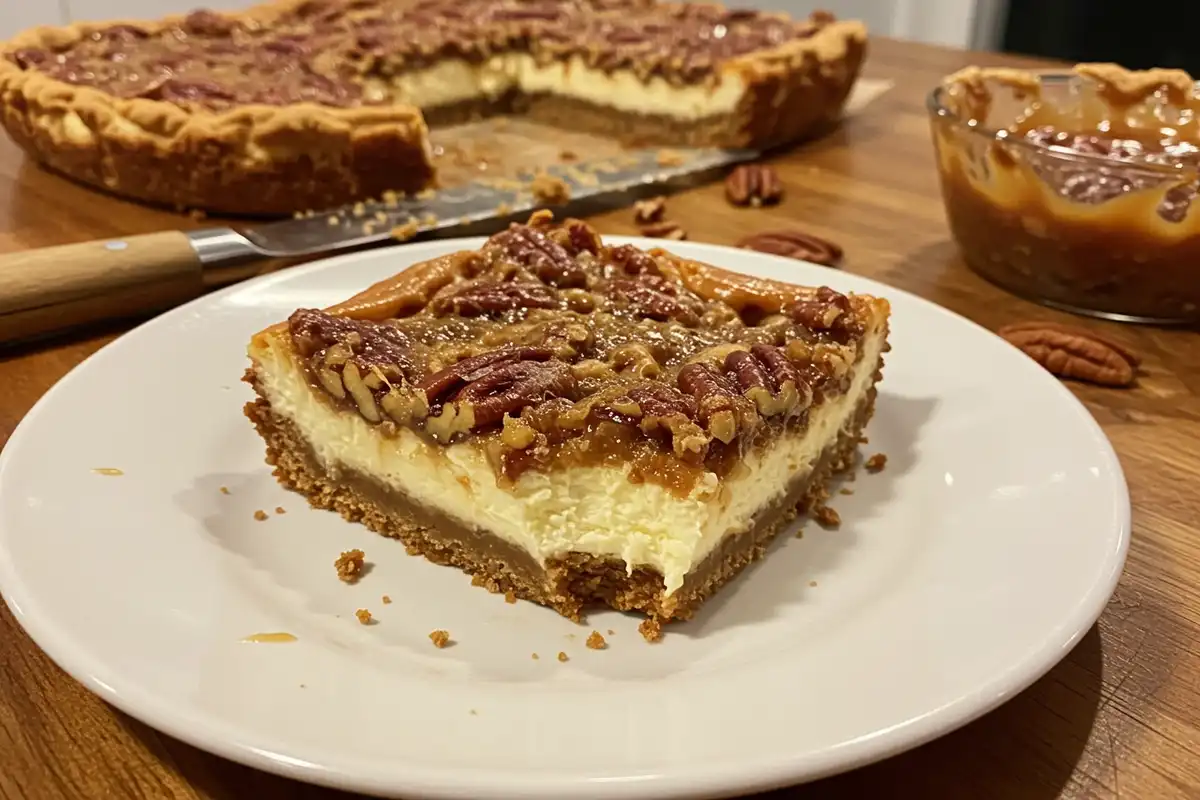 A close-up photo of a slice of Pecan Pie Cheesecake Bar, revealing its layered composition, on a simple white plate, amidst a baking scene.