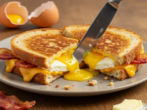 Breakfast Grilled Cheese pulled apart showing runny egg yolk, crispy bacon, and melted cheddar cheese.