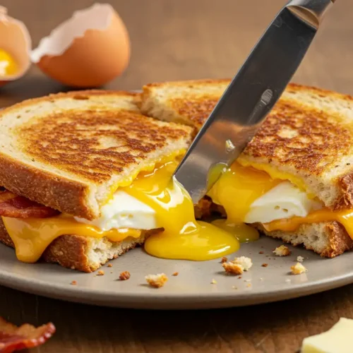 Breakfast Grilled Cheese pulled apart showing runny egg yolk, crispy bacon, and melted cheddar cheese.