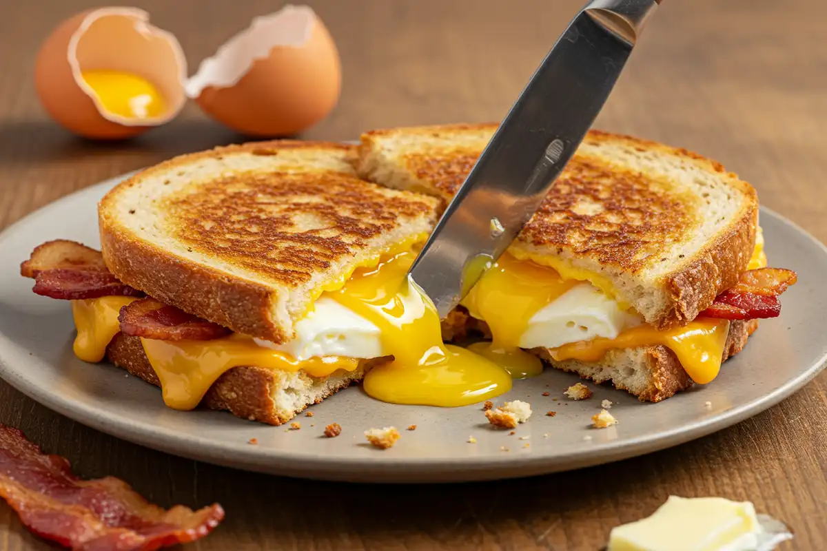 Breakfast Grilled Cheese pulled apart showing runny egg yolk, crispy bacon, and melted cheddar cheese.
