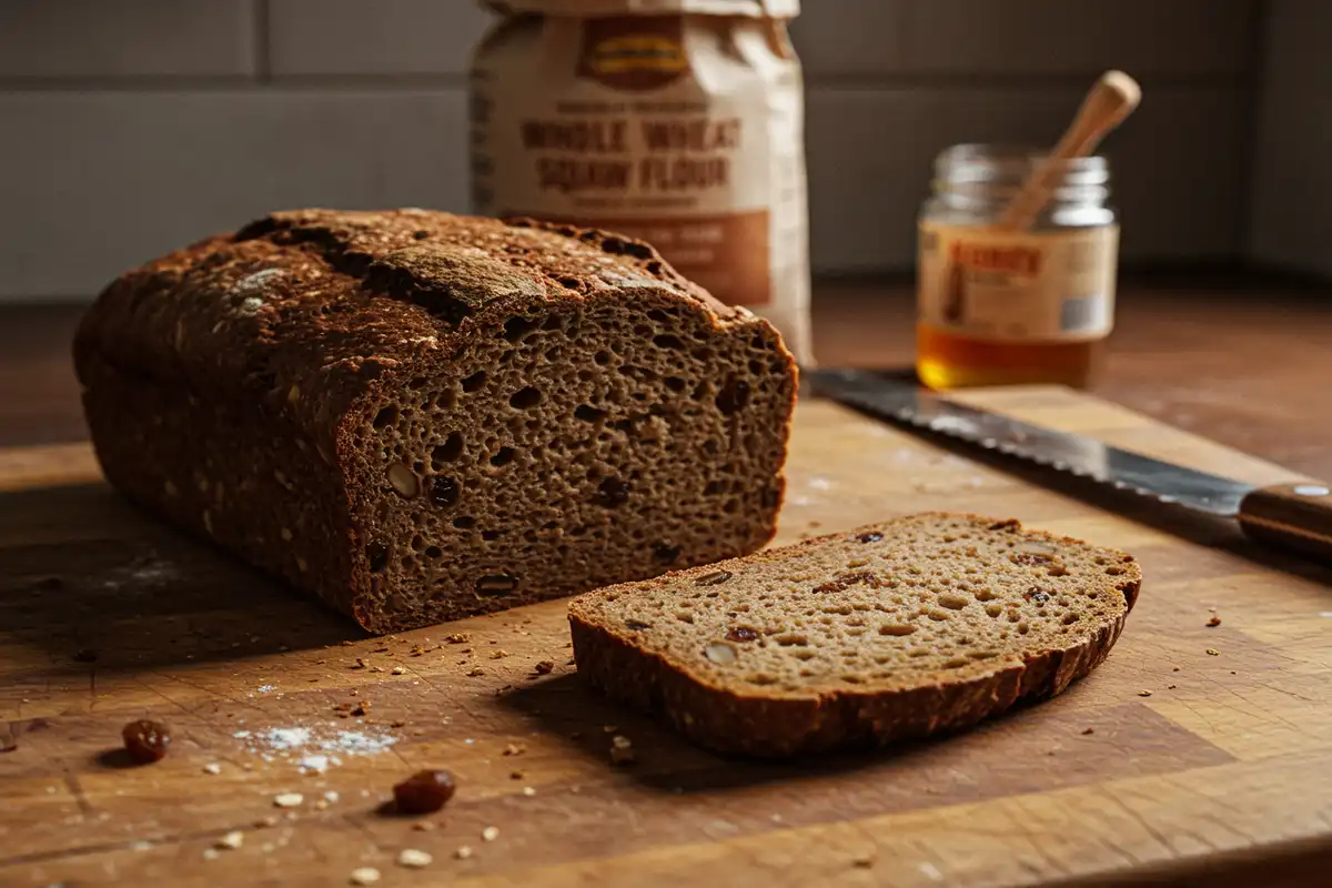 A close-up photo of an imperfect slice of dark, multi-grain "Harvest Bread" on a cutting board, surrounded by ingredients and baking mess.