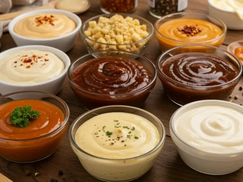 An array of colorful sauces in mismatched bowls, surrounded by cooking ingredients and utensils in a warm, inviting kitchen setting.